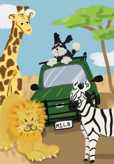 A Lion a Giraffe a Zebra and a Stuffed Animal Are Standing in Front of a Car With Milo on the License Plate