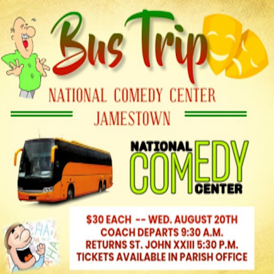 Flyer for bus trip to National Comedy Center in Jamestown, NY from St. John XXIII parish in West Seneca, NY