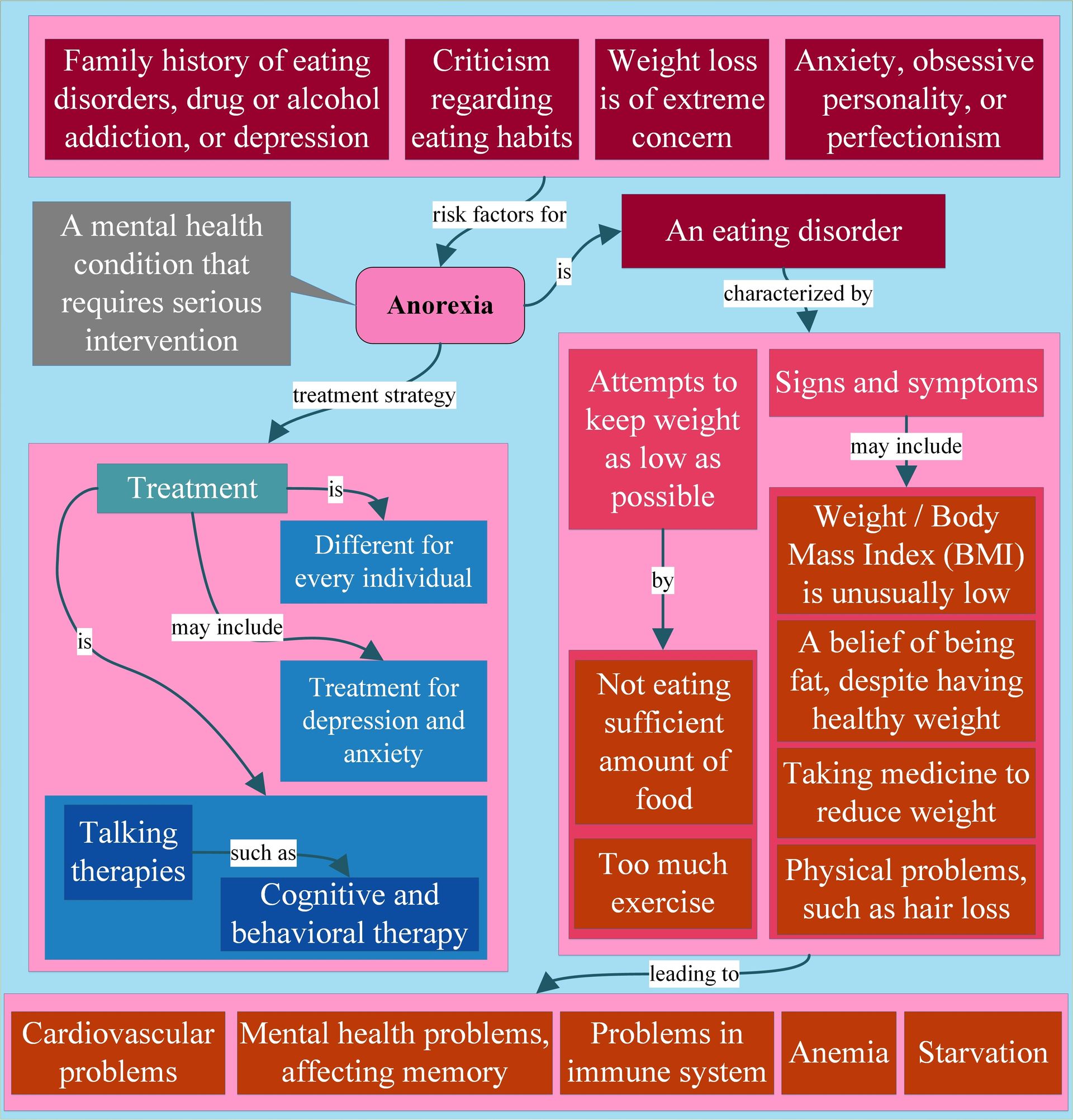 A flowchart detailing anorexia, including risk factors, signs, symptoms, health complications, and treatment strategies.