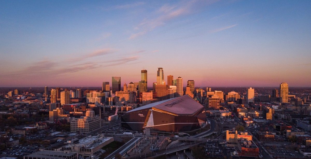 skyline of Minneapolis at sunset