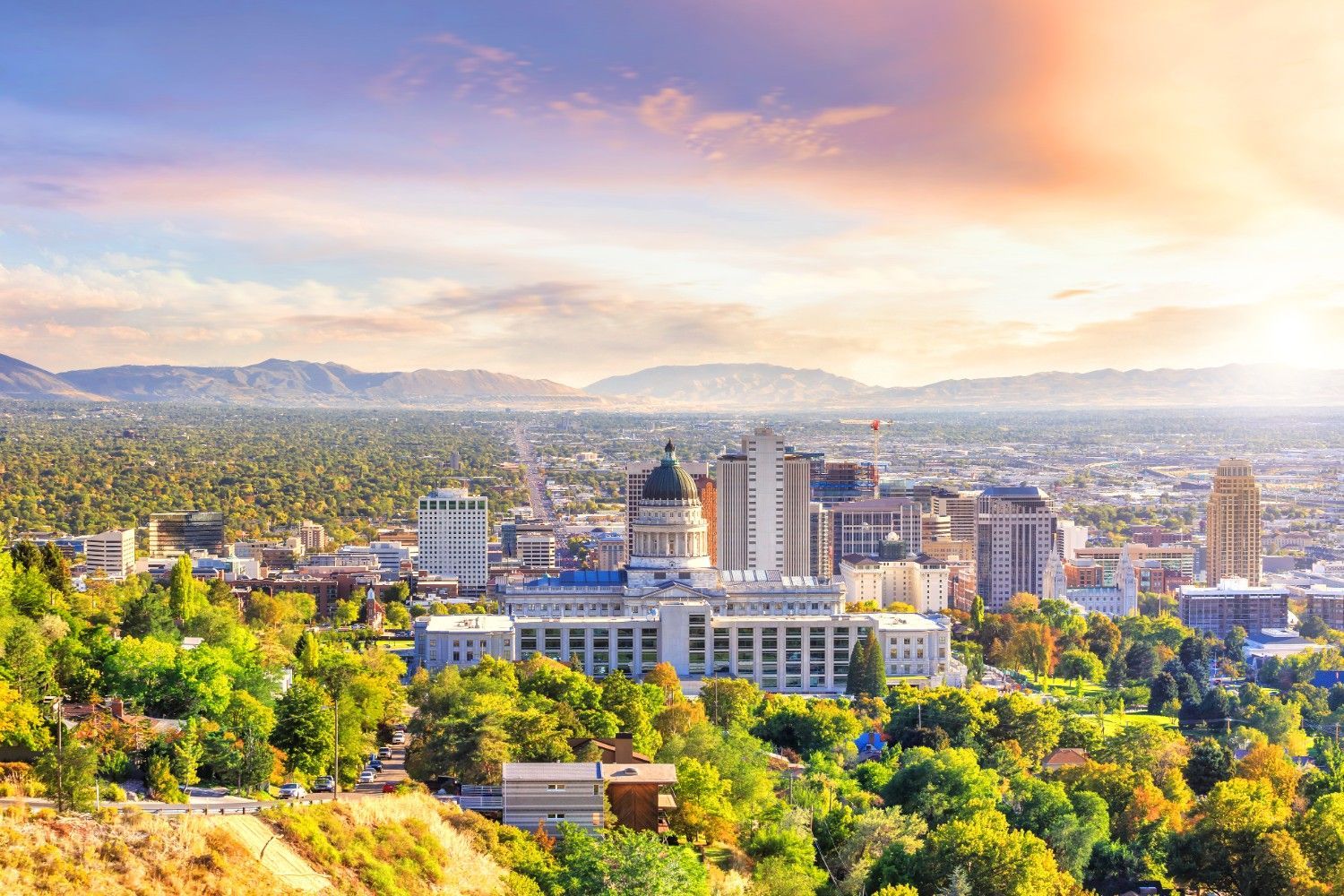 skyline of Salt Lake City at sunset