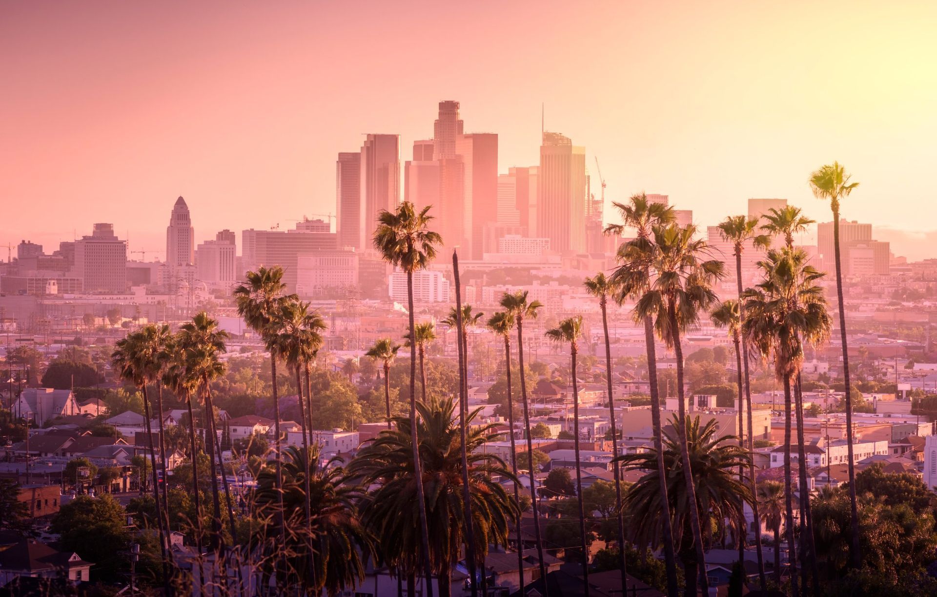 skyline of Los Angeles, California at sunset