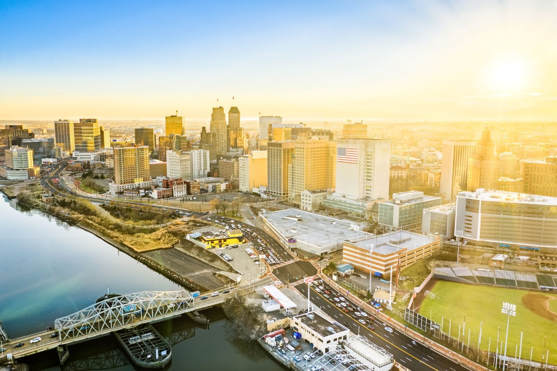 skyline of Newark, New Jersey with sunshine