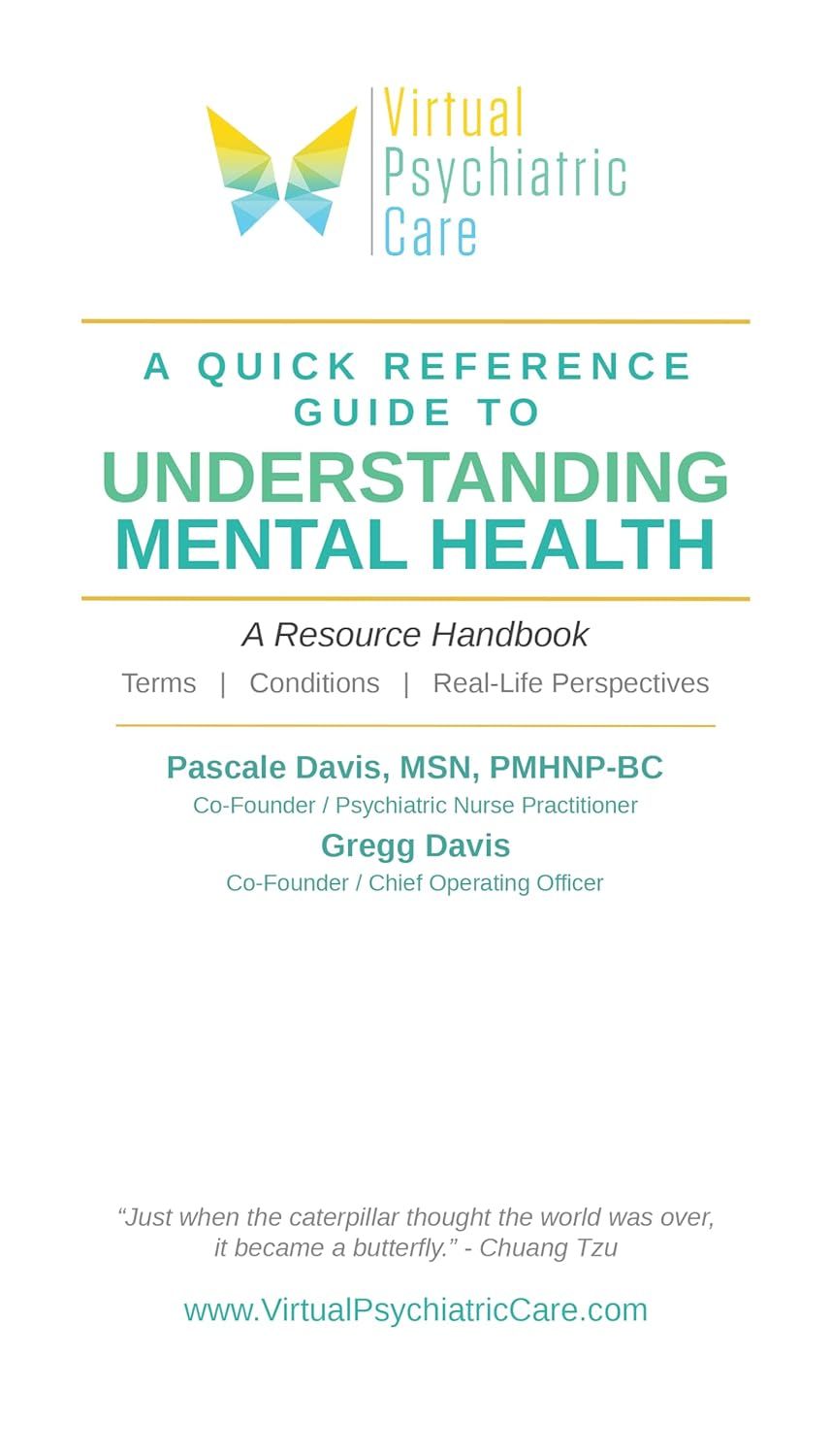 Book cover titled “A Quick Reference Guide to Understanding Mental Health” with butterfly logo and teal text on white background