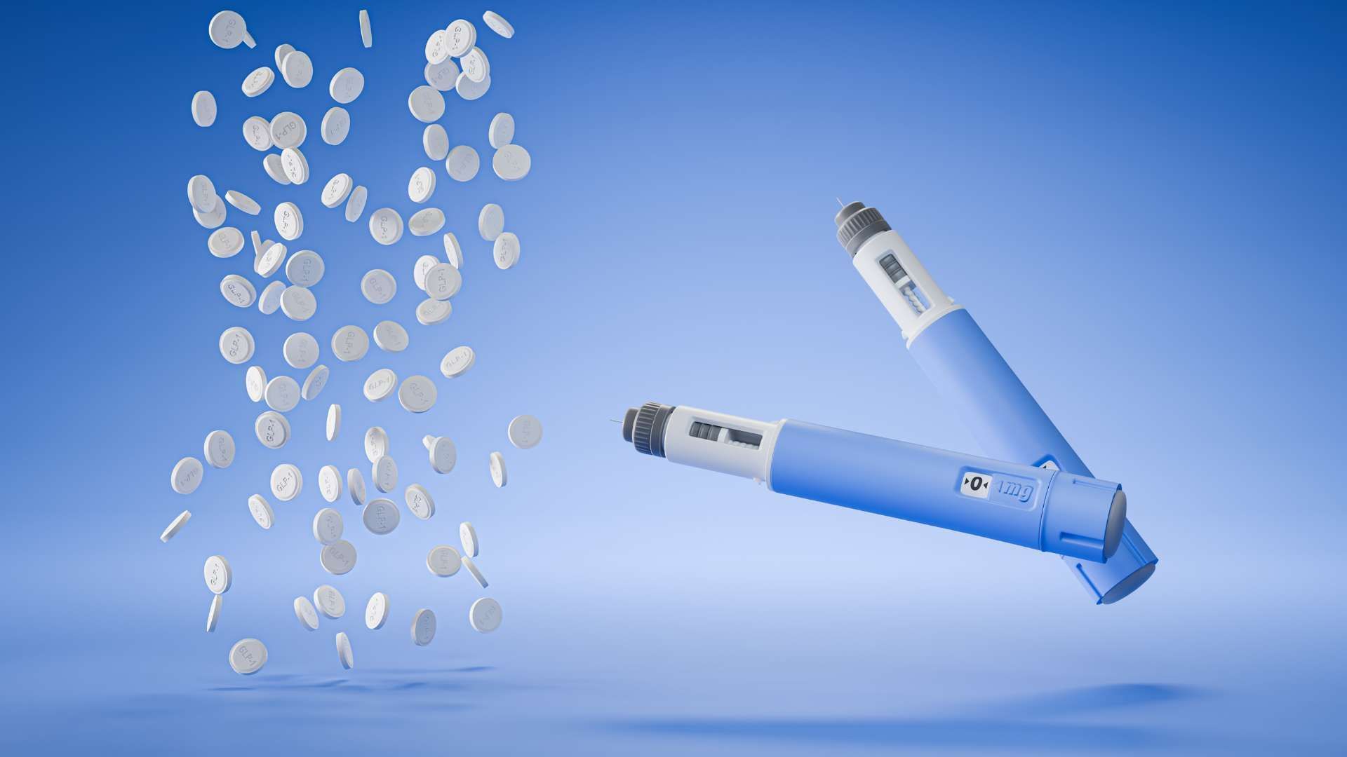 Blue insulin pens with white caps beside floating white tablets on a blue background