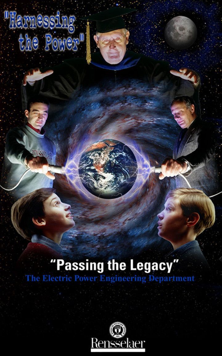 A professor and students manipulating energy around a globe. Text reads