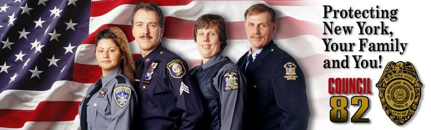 Four police officers in uniform, in front of the American flag. Text: Protecting New York, Your Family and You!