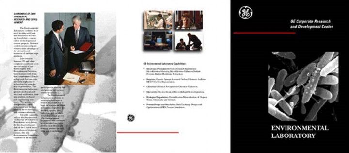 Three-panel brochure: Two men in suits discussing documents; photos of lab work; a black cover with microorganisms.