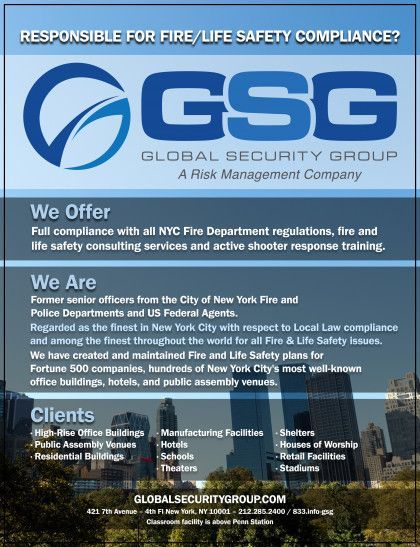 An advertisement for Global Security Group. The ad offers fire and life safety services, with a logo and text on a blue background.