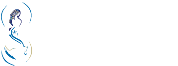 Stylized illustration of a pregnant person within a blue and gold design.