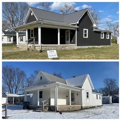 Before and after of a house painted black with a metal roof. The original house is white.