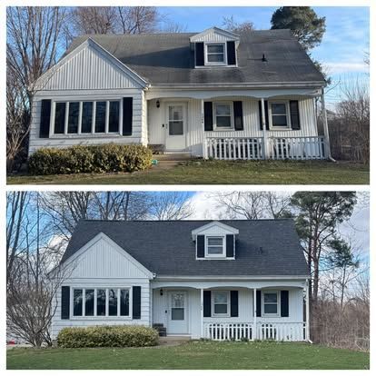Before and after of a white house with black shutters. The roof is cleaned from dark to gray.