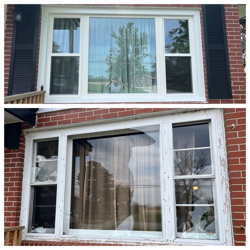Top: A newly installed white window. Bottom: the old, broken window. The house is brick.