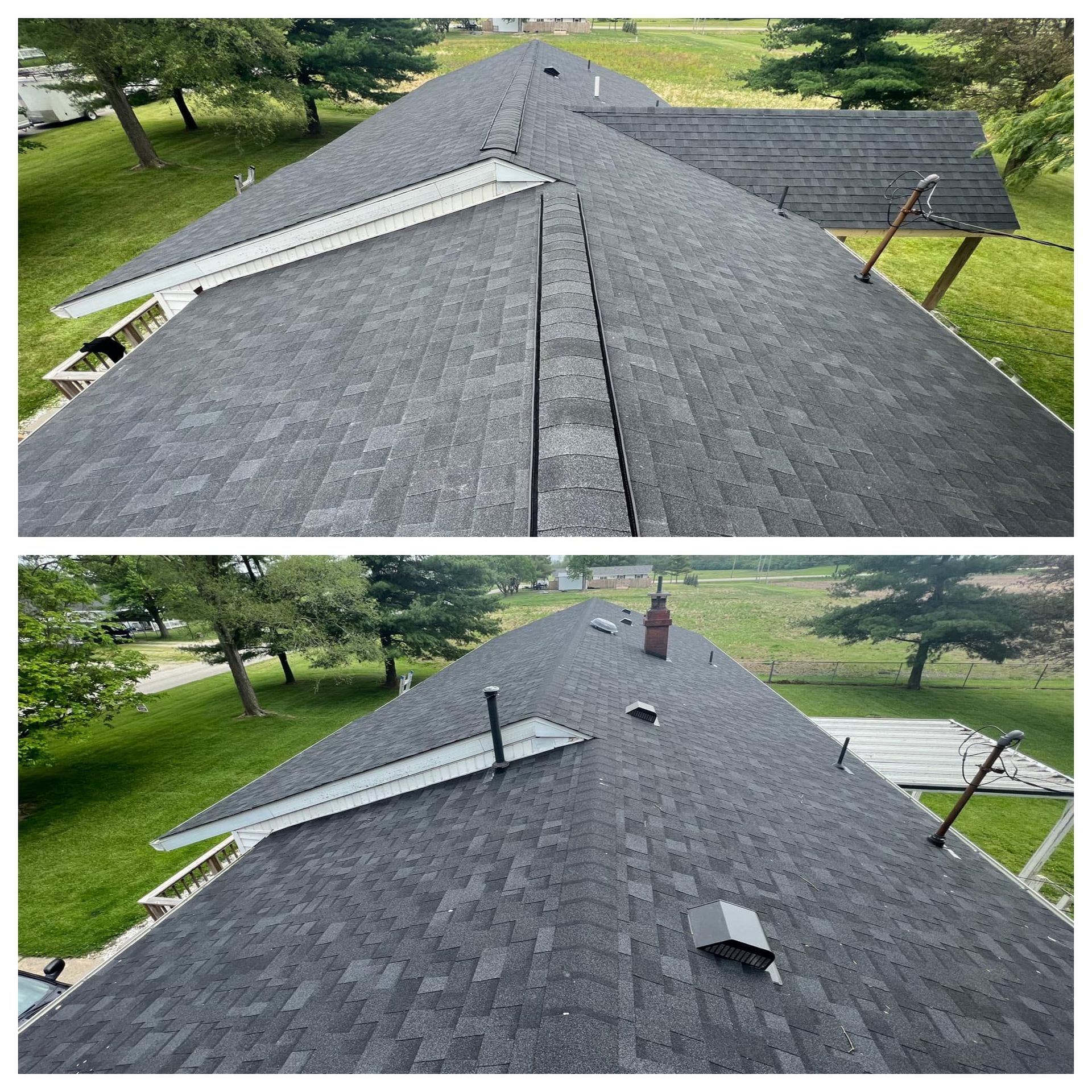 Two overhead views of a dark gray asphalt shingle roof on a house in a grassy setting.