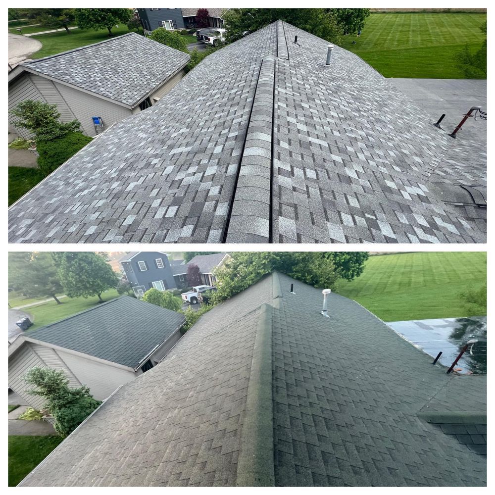 Two photos of a roof: top photo gray shingles, bottom photo green shingles.