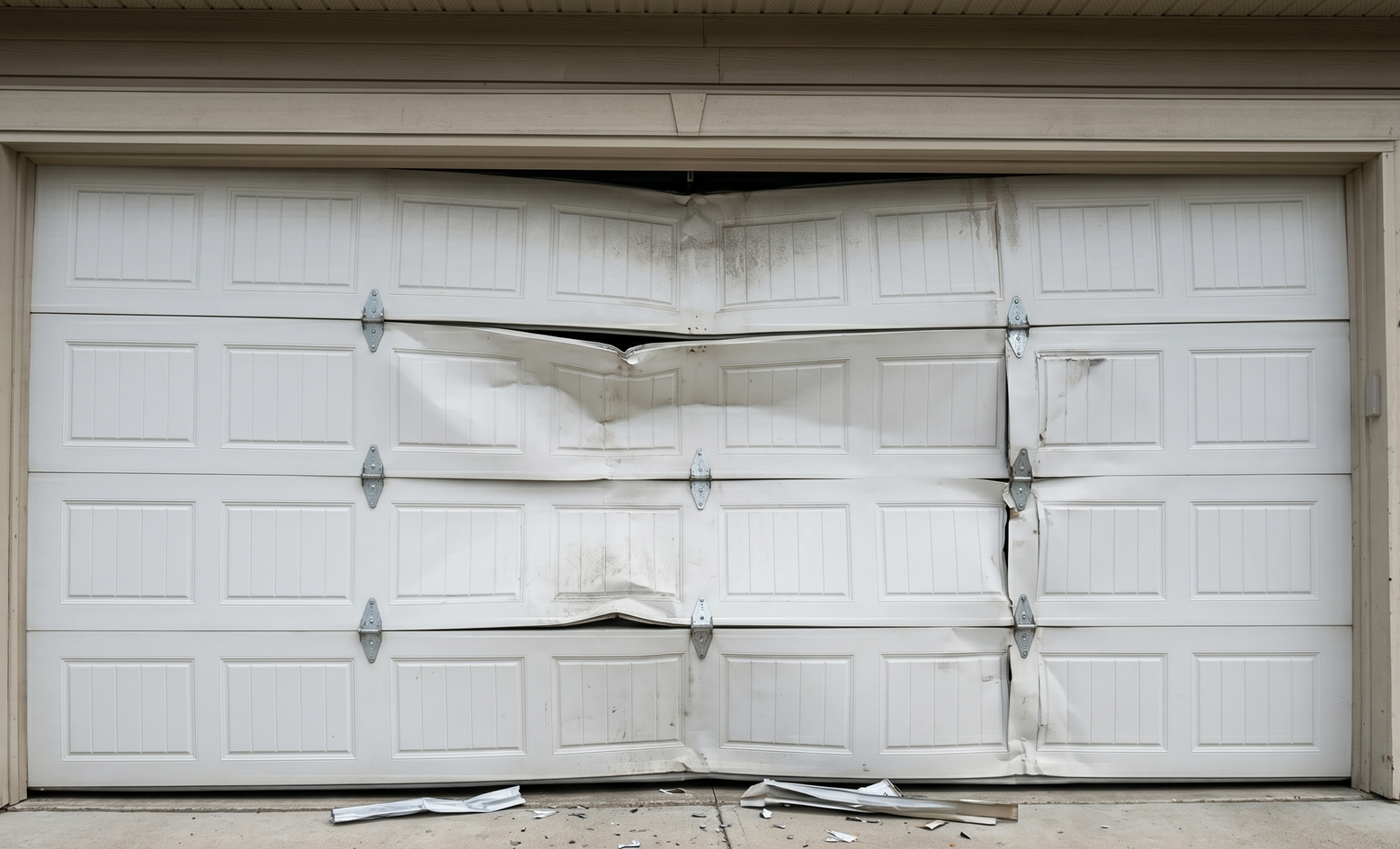 Damaged white garage door with bent panels and debris on the driveway