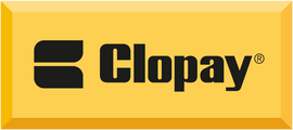 a yellow and black logo for clopay on a white background