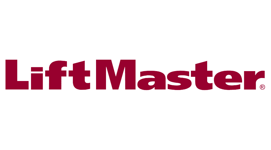 a red logo for lift master on a white background
