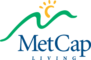 A metcap living logo with a mountain and sun