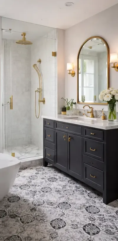 Winnipeg Handyman: White bathroom with vanity, toilet, and tub. Light gray walls, gold fixtures, and a rectangular mirror.