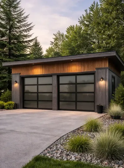 Winnipeg Handyman: Two white garage doors with small window panels above, on a tan house.