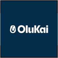 The logo for olukai is on a blue background.