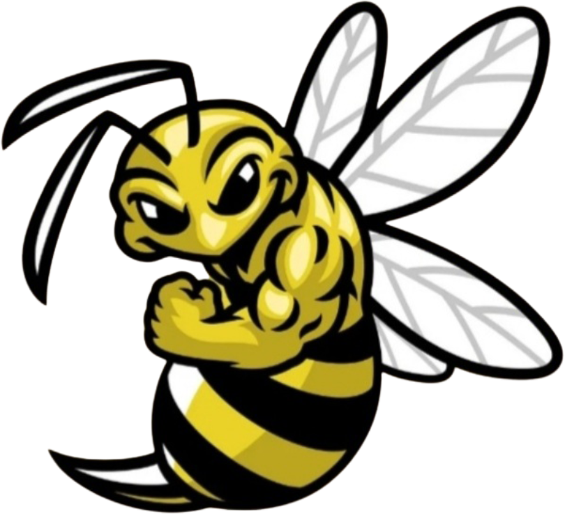A yellow and black bee with wings is flexing its muscles