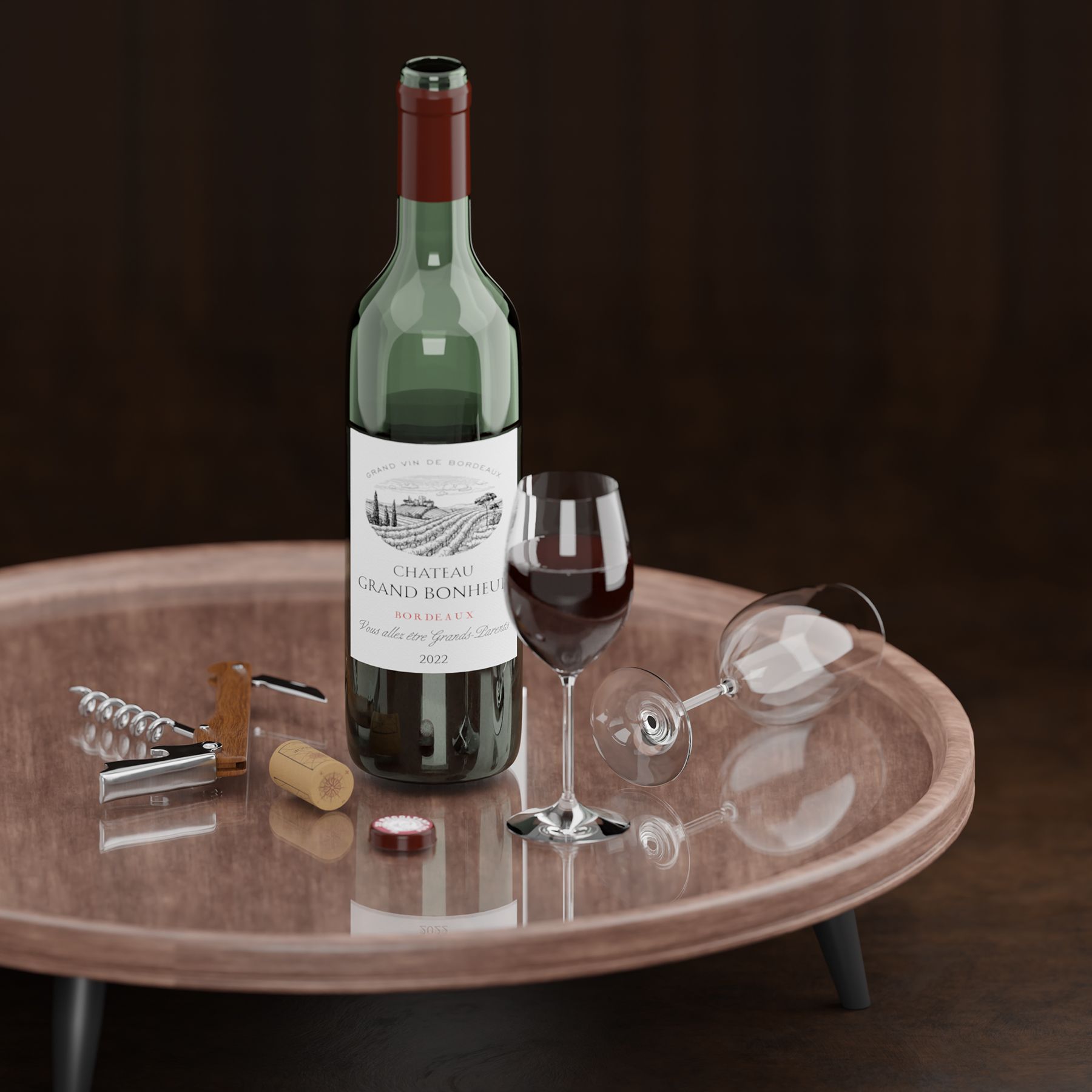 Imagerie 3D bouteille de vin rouge sur plateau avec verre cristal Studio Coméleon Imagerie 3D bouteille de vin rouge sur plateau avec verre cristal Studio Coméleon
