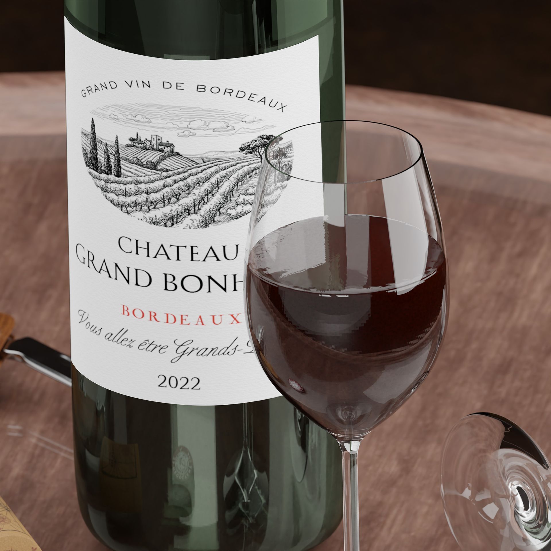 imagerie 3D bouteille de vin rouge et verre