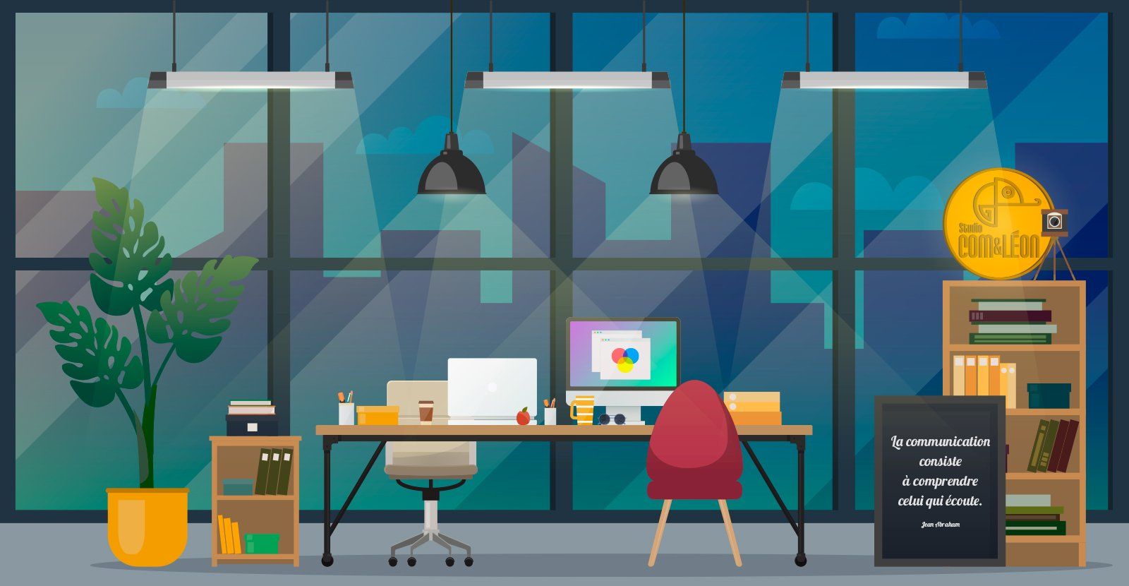 une illustration d' un bureau avec un ordinateur et une chaise reflétant les locaux du studio coméléon