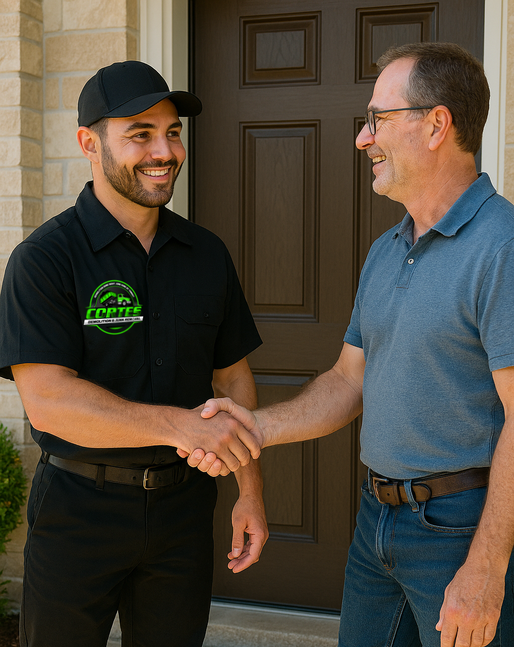 Customer thanks waste disposal technician with handshake gesture