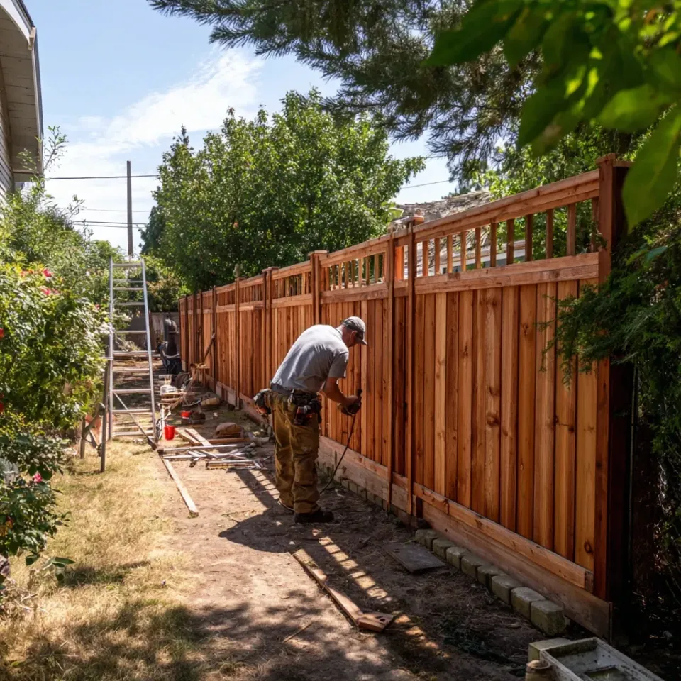 Professional fence repair Cypress service restoring wooden privacy fence
