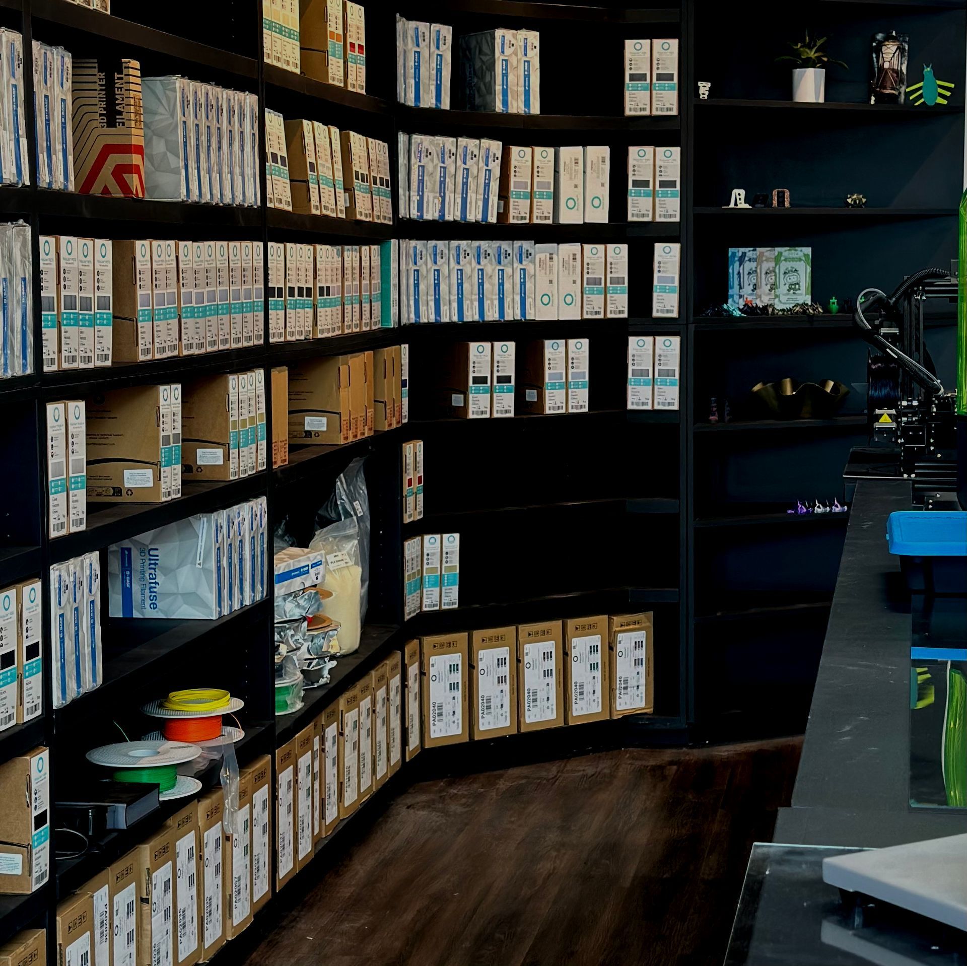 Our shop showroom filled with filaments and resins