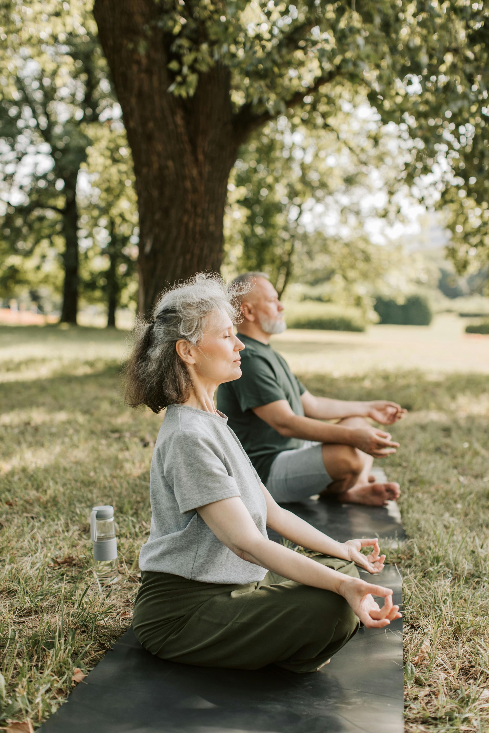 An older couple meditates in a park, sitting cross-legged on mats with their eyes closed and hands in their laps.