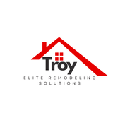 A logo for troy elite remodeling solutions with a red roof.