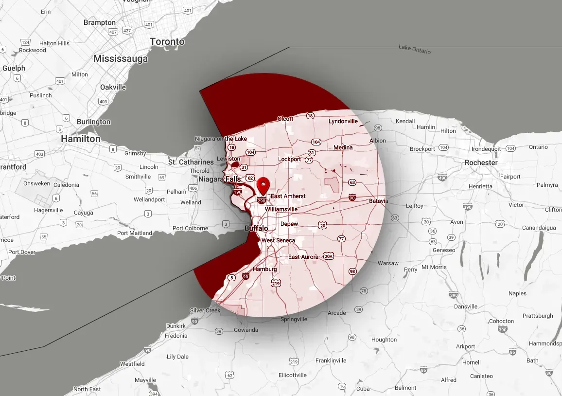 A map with a red circle in the middle of it