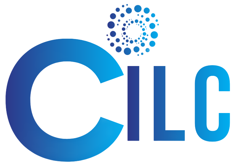 Blue CILC logo with a stylized spiral of dots above the letters, gradient color.
