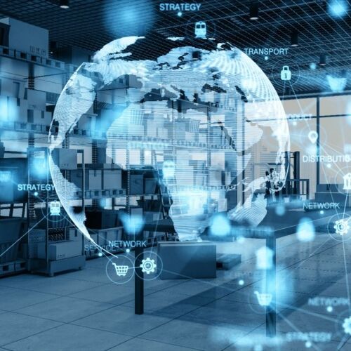 Warehouse interior overlaid with a digital globe and icons representing global logistics and supply chain.