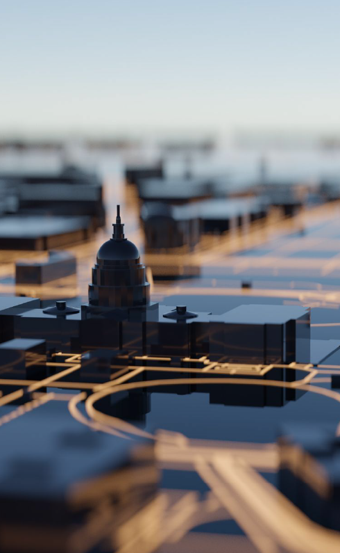 A model of a city with a federal building in the middle