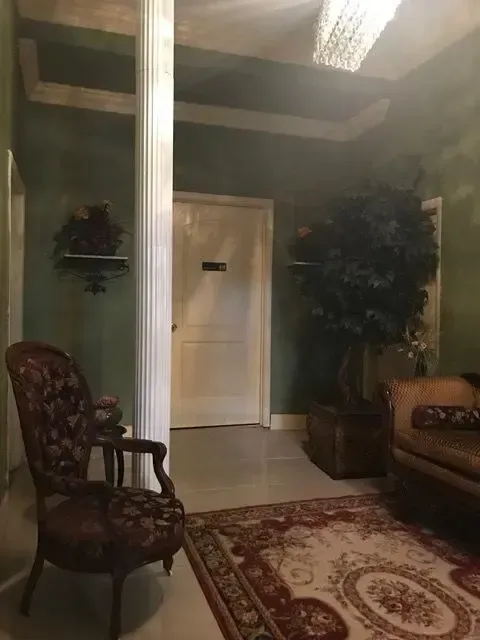 An ornate chair and sofa in a room with a rug, tree, and a white pillar.