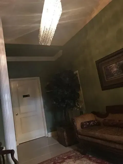 A green-walled hallway with a chandelier, doorway, sofa, artwork, and potted plant.