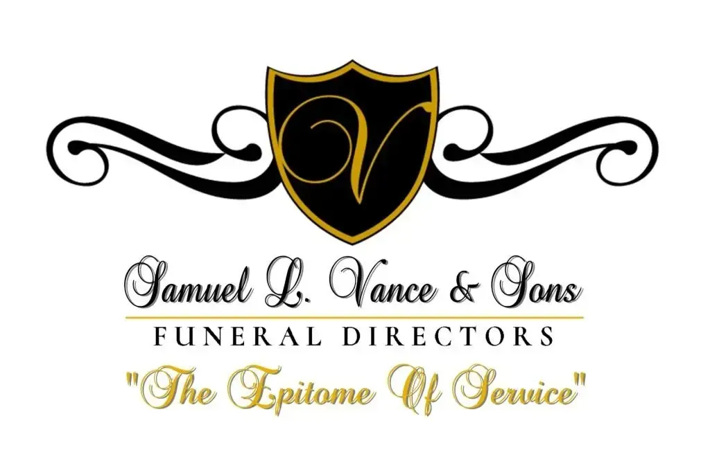 Logo for Samuel L. Vance & Sons Funeral Directors. Features a shield, script text, and gold accents.