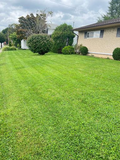 A lush green lawn in front of a house on a cloudy day.
