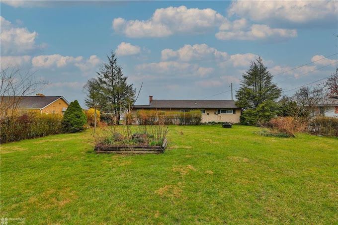 A large lush green yard with a house in the background.