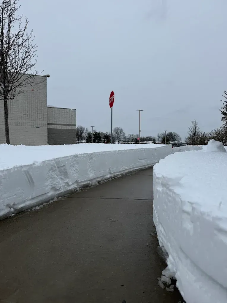 A person is shoveling snow from a driveway with a red shovel.