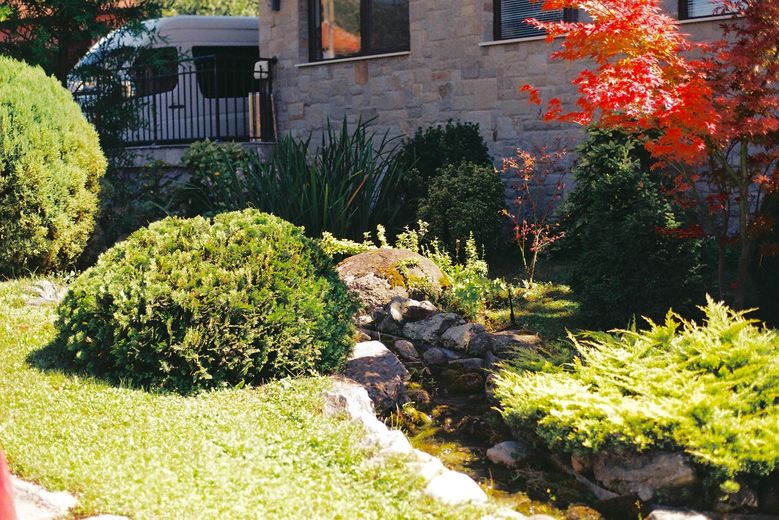 A lush green lawn in front of a house on a sunny day.