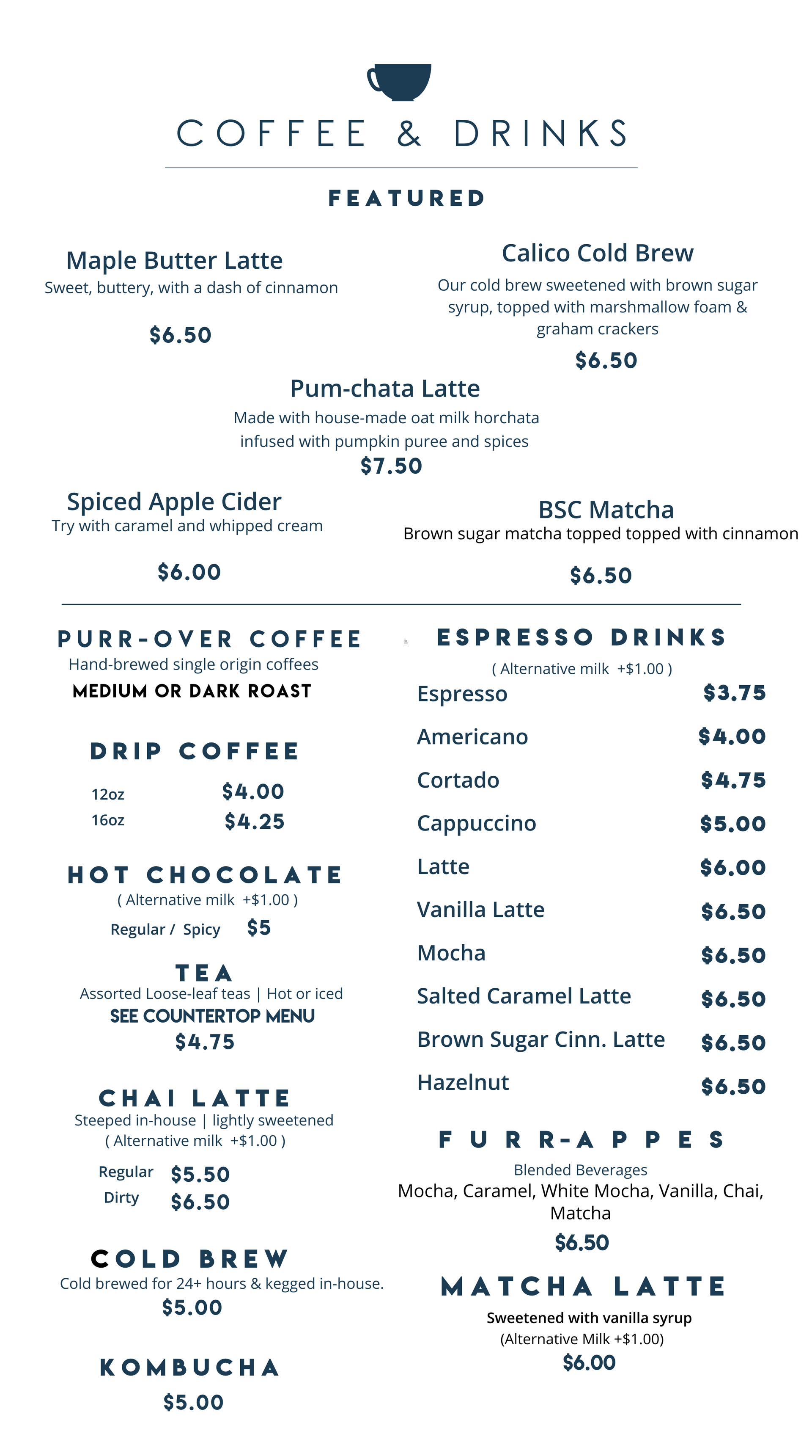 A menu for a coffee shop shows a variety of drinks.