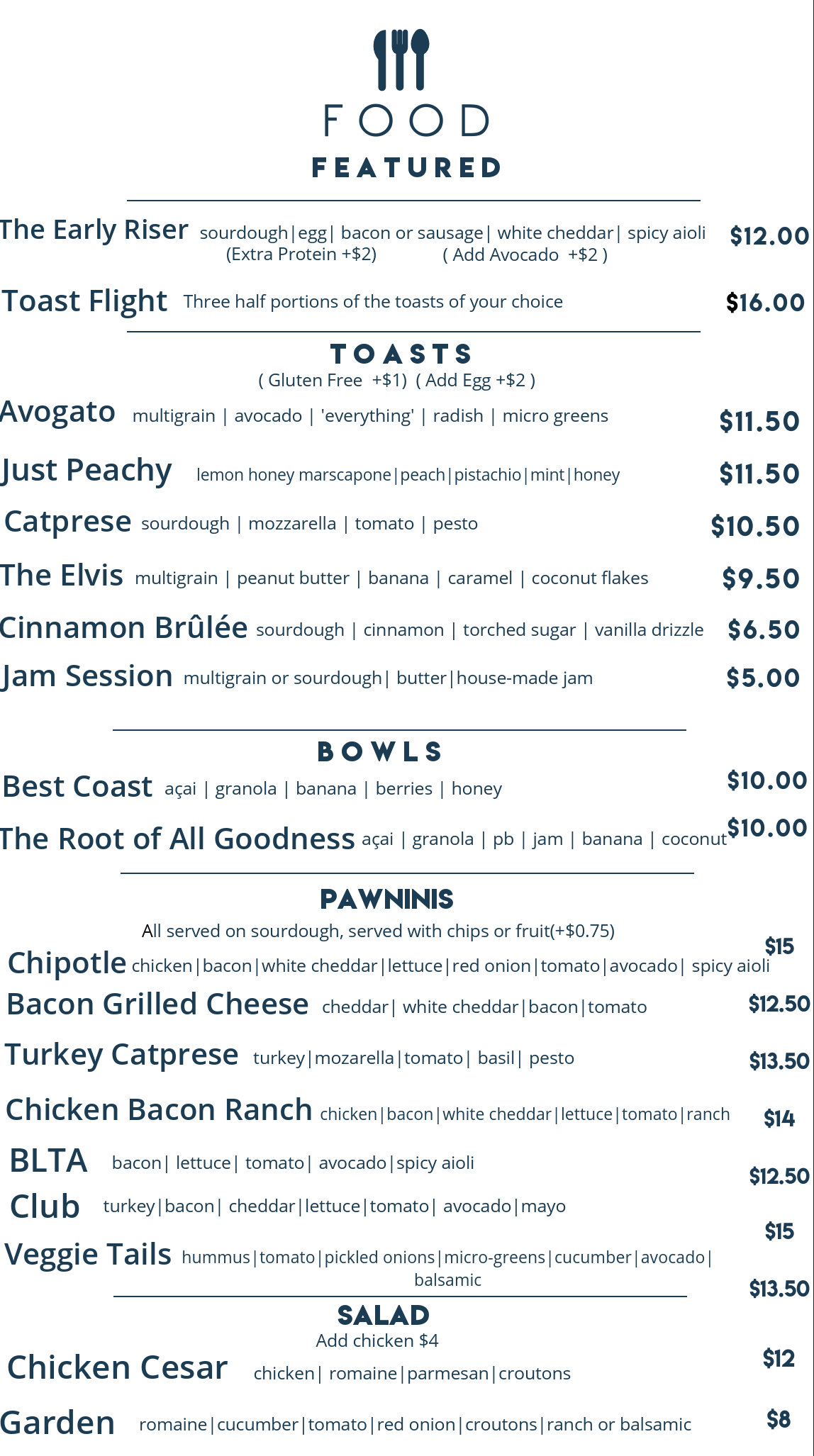 A menu for a restaurant shows a variety of food and prices.