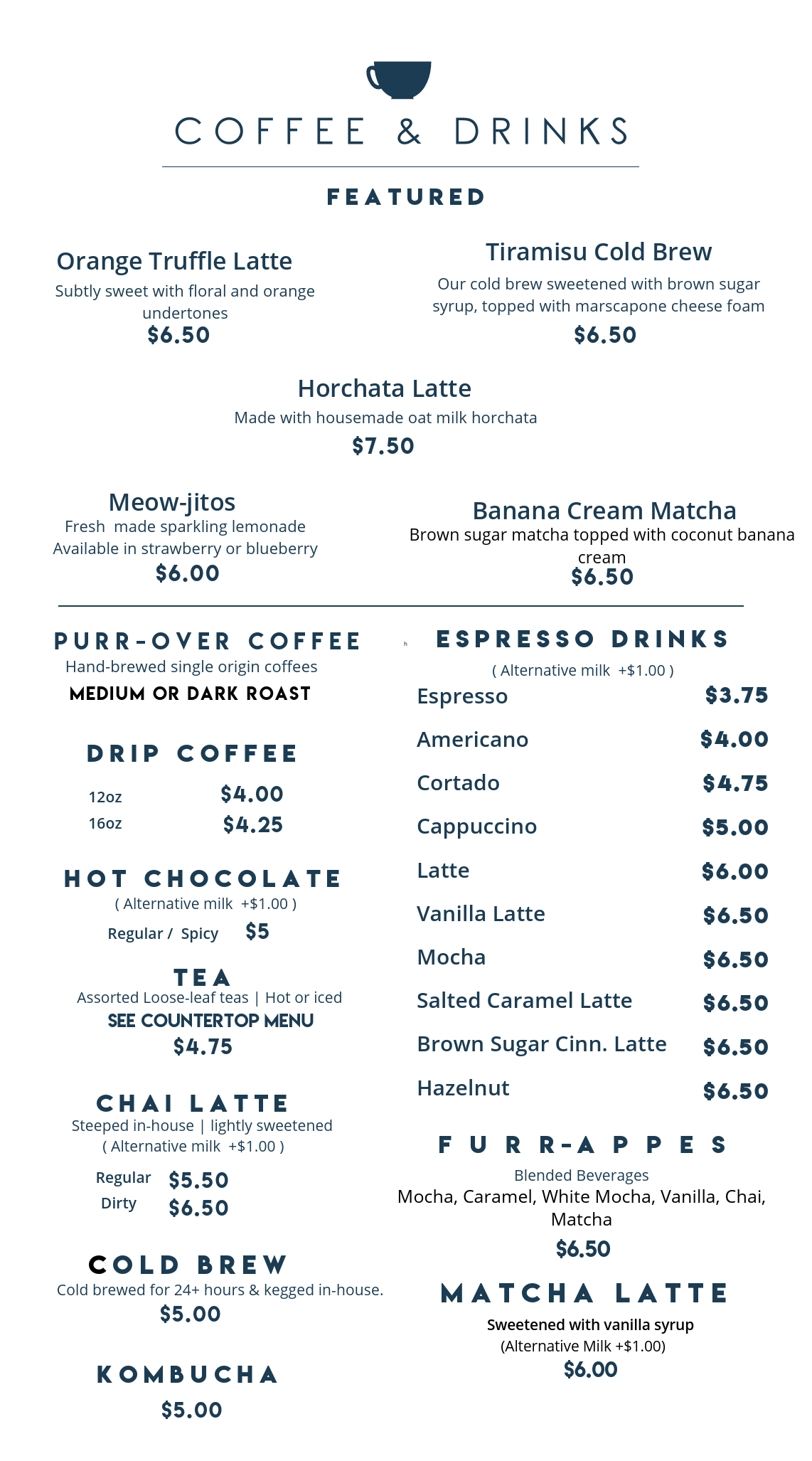 A menu for a coffee shop shows a variety of drinks.
