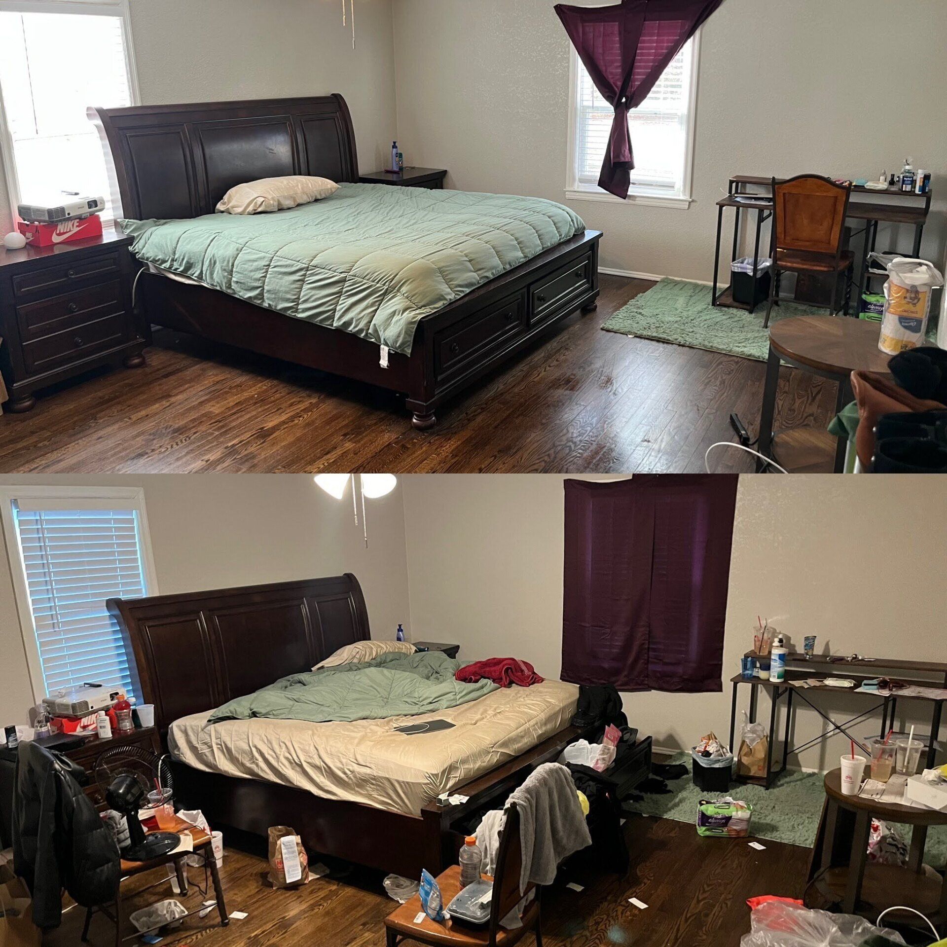 Kansas City, MO — Cleaning Maids In and Out, deep cleaning, top to bottom, housekeeping, maid service, cleaning, clean, cleaners, cleaning company, laundry service, window washing, carpet cleaning, carpet shampooing,Bedroom Before and After — Kansas City, MO — Cleaning Maids In and Out